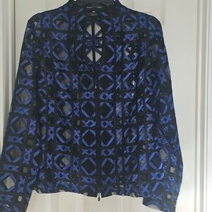 NWOT Becky & Bobby Mesh Geometric Lattice Blue Black Zip Up Jacket Medium